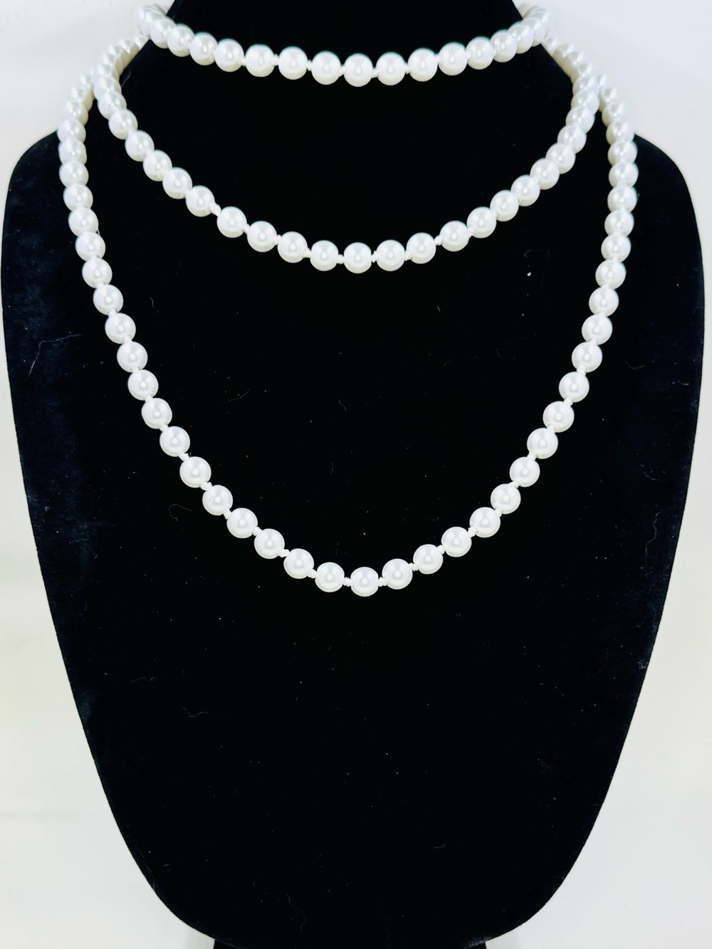 LONG 60” Opera Length Classic White Glass Pearl Hand Knotted Necklace 8.5mm
